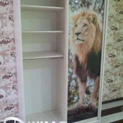 Узкий шкаф-купе для спальни с фотопечатью лев