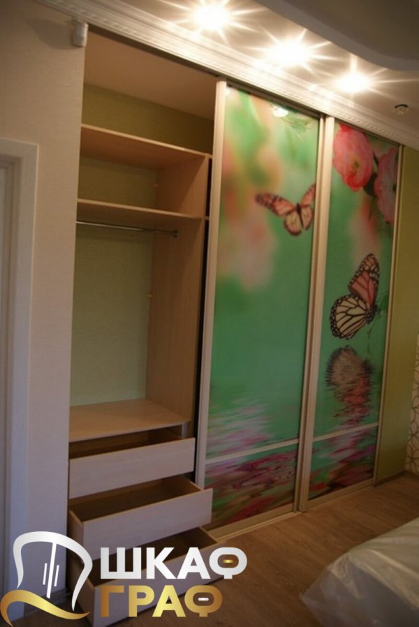 Трехдверный шкаф-купе в спальню с фотопечатью бабочки