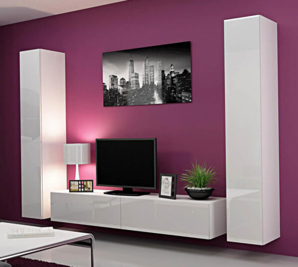 Модульная мебель в гостиную: белая подвесная секция с тумбой под ТВ №S23 1